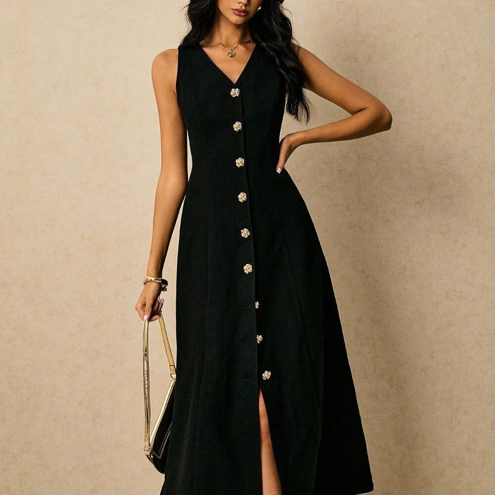 Black Elegant Front Button Sleeveless Women's Dress